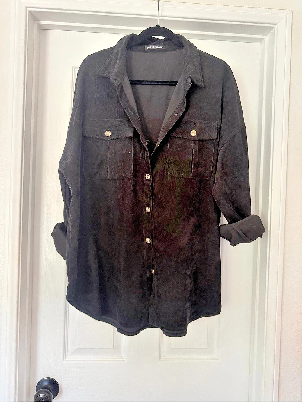 SHEIN Women's All-Season Corduroy Shirt Black Button Down